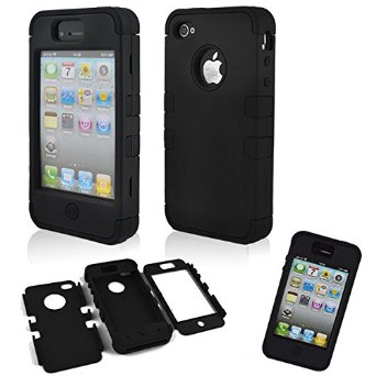 iphone 4s case, SQdeal® 3in1 Rubber   Plastic High Impact Hybrid Hard Case Protective Cover for iphone 4 4s, with Accessies (Black with Flim)
