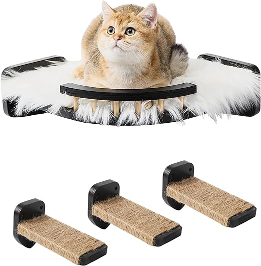Cat Wall Shelves, Cat Shelves and Perches for Wall, Cat Wall Furniture, Corner Cat Shelf with 3 Steps Scratch Post, Cat Bed Hammock with Plush Covered, Climbing Shelf for Indoor Cats (Black)