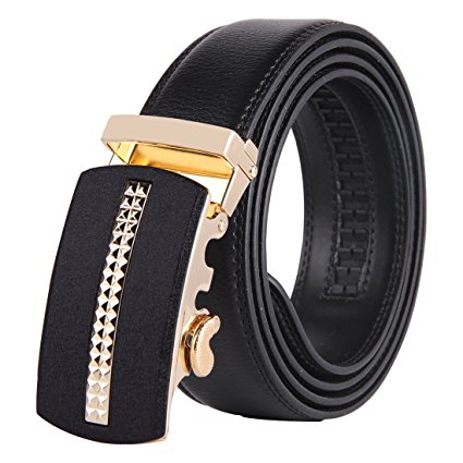 JINIU Men's Leather Belt Automatic Buckle 35mm Ratchet Dress Black Belts Boxed