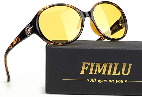 FIMILU Women Oversized Night Vision Glasses Anti-Glare HD Yellow Night Driving Glasses for Rainy/Fog/Nighttime Safe