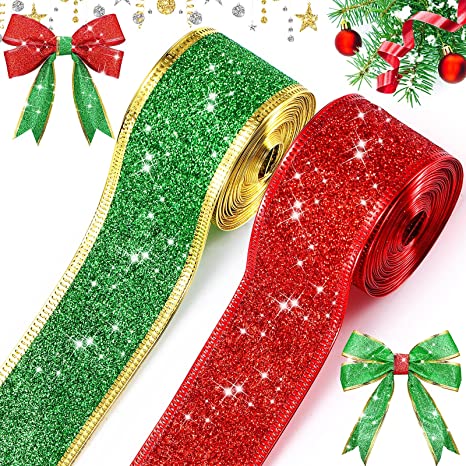 2 Rolls 20 Yards Glitter Wired Ribbon Christmas Wrapping Ribbon Glitter Wide Ribbon for Holiday Party, Gift Decoration, DIY Art Craft, 1.5 Inch (Red, Green)