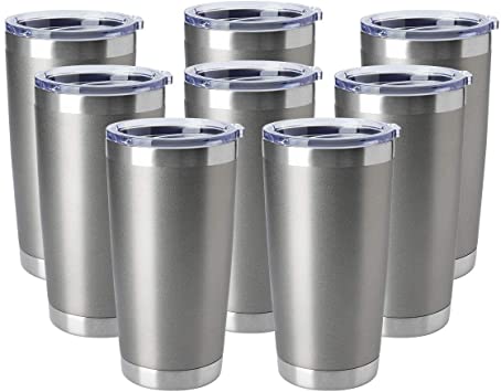 HASLE OUTFITTERS 20oz Tumblers Stainless Steel Mugs with Lid Double Wall Vacuum Insulated Coffee Cups for Cold & Hot Drinks 8 Pack Grey
