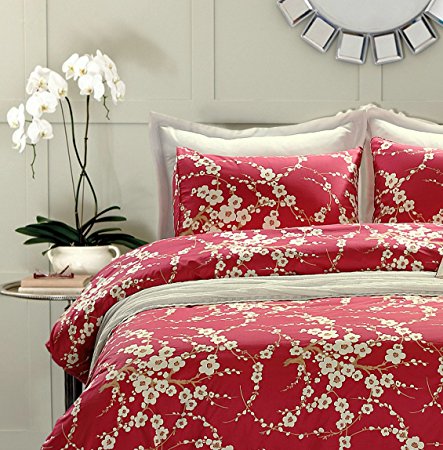 Japanese Oriental Style Cherry Red Blossom Floral branches Print Duvet Quilt Cover 300tc Cotton Bedding 3 piece Set (Queen)