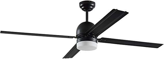 Rivet Modern Straight Blade Remote Control Flush Mount Ceiling Fan with Integrated LED Light - 53 x 53 x 16 Inches, Matte Black