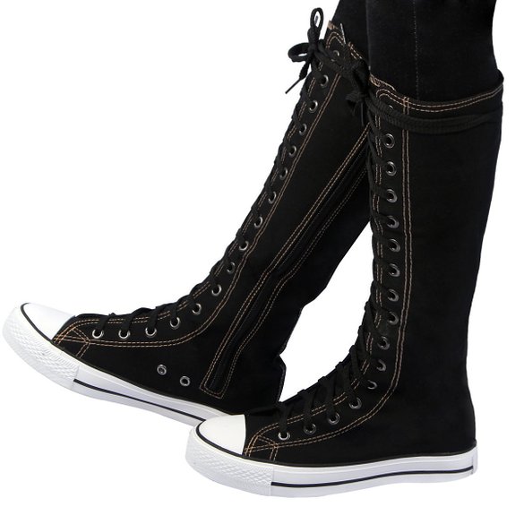 RioRiva Fashion Women's Canvas Sneakers Knee-high Side Zipper Shoes Lace up Boots