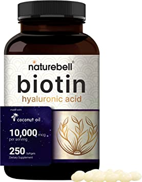 Biotin 10000mcg   Hyaluronic Acid 25mg | 250 Coconut Oil Softgels, Premium Biotin Vitamins for Hair Skin and Nails, Highly Purified and Bioavailable, Quick Release - by Naturebell