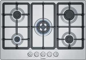 Bosch PGQ7B5B90 - plaque de cuisson à gaz - Série 4-5 foyers - Brûleur wok - 75 cm - Verre Trempé - Inox