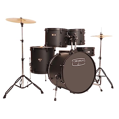 ARCTIC CRONOS 5 Piece Complete Acoustic Drum Kit/Drumset with drumsticks, Cymbals and throne - Nickel Hardware. Best Sounding shells, most durable build, Professional level Configuration. (Black)