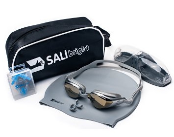 SALIBright Swimming Goggle Set - BEST RATED SWIM GOGGLE SET, Includes Anti Fog, Anti Leak, UV Protective Goggles, Durable Swim Cap, Earplugs and Nose Clip with Carrying Case, PERFECT GIFT