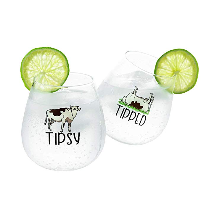 Drinking Divas 'Tipsy' and 'Tipped' Wine Glasses - Set of 2 Stemless Rolling Tumblers with Sayings | For Whiskey & Cocktails | Cute & Funny Cow Gifts for Mom, Girlfriend, Wife, Best Friend, Sister