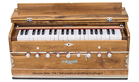 Harmonium Teak Wood by Maharaja Musicals, In USA, 3 1/2 Octave, 9 Stops, Special Double Reed, Coupler, Natural Color, Standard, Book, Padded Bag, A440 Tuned, Musical Instrument Indian (PDI-GF)