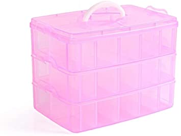 MINGHU 3-Tier Transparent Stackable Adjustable Compartment Slot Plastic Craft Storage Box Organizer Snap-Lock Tray Container 3 Sizes 4 Candy Colors Available (Extre Large 30 Compartment, Red)
