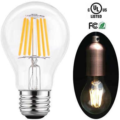 LETO A19 6W LED Dimmable Filament Edison Style Light Bulb,UL Listed,60W Equivalent, Soft White 2700k ,E26 Base 1-Pack