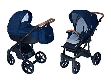 ROAN BASS Soft Stroller 2-in-1 with Bassinet for Baby, Toddler’s Five Point Safety Reversible Seat, Swivel Air-Inflated Wheels, Unique Shock Absorbing System and Great Storage Basket (Navy Blue)