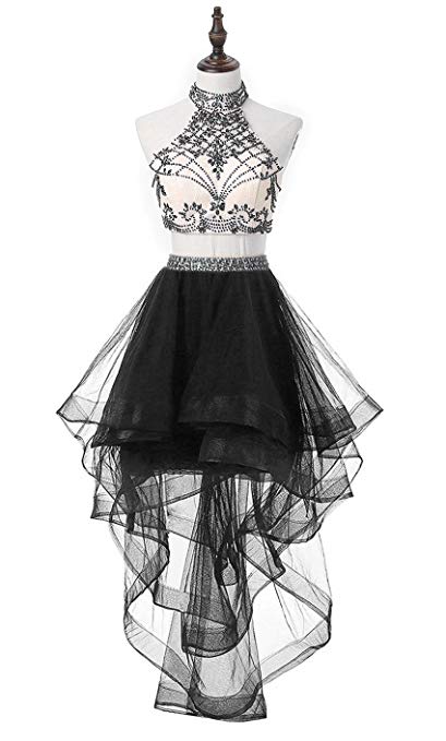 HEIMO Women's 2 Pieces Beaded Keyhole Back Homecoming Dresses Halter Beading Prom Gowns Short H199