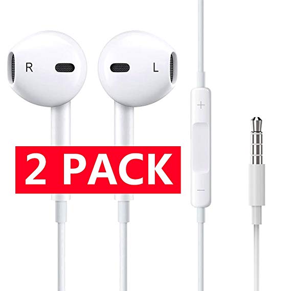 Earbuds, Stereo Earphones Headphones Mic Remote Control Perfect Compatible with Apple iPhone 6s/6 Plus/6/SE/5s/5c/5/iPad/iPod All 3.5mm Devices(White 2Pack)