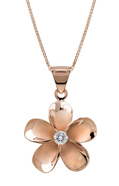 Honolulu Jewelry Company 14k Rose Gold Plated Sterling Silver Plumeria CZ Necklace Pendant with 18" Box Chain