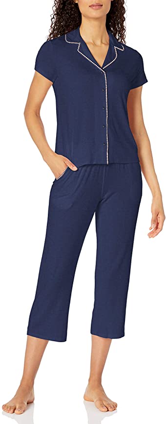 Amazon Brand - Mae Women's Notch Collar Pajama Set with Embroidered Trim