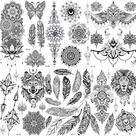 COKTAK 6 Pieces/Lot Unique Black Henna Temporary Tattoo Stickers For Adults Women Girls Feather Mandala Flower Body Art Large Big Arm Tattoos Sheet Lace Indian Mehndi Sexy Wedding Tatoos Paper OWL