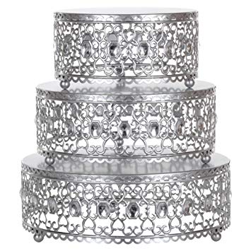 Amalfi Decor Cake Stand Plateau Riser Set of 3 Pack, Dessert Cupcake Pastry Candy Display Plate for Wedding Event Birthday Party, Round Metal Pedestal Holder with Crystal Gems, Silver