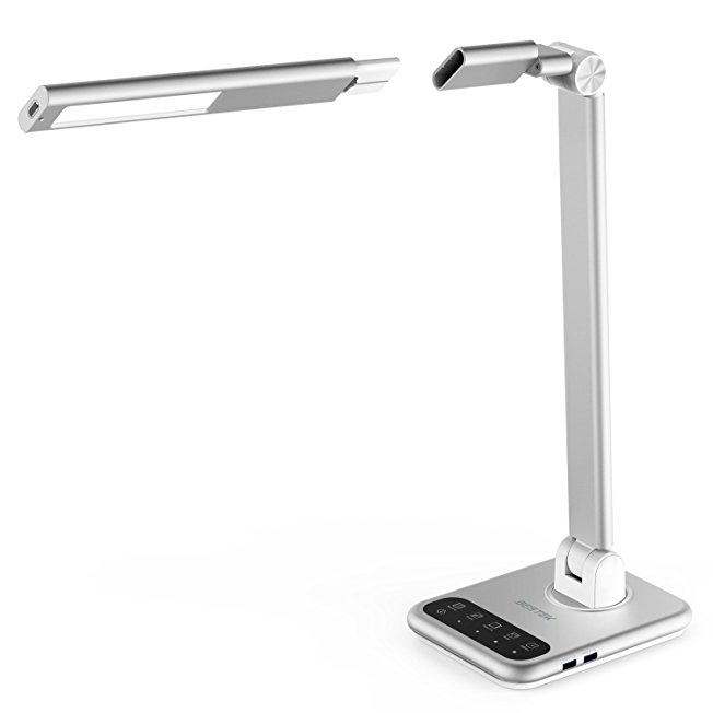 Dimmable LED Desk Lamp, BESTEK Touch Control LED Table Lamp with Detachable Lamp Head, Foldable and Rotatable Arm, 2 USB Chargers, 4 Lighting Modes, Timer, Memory Function--Silver