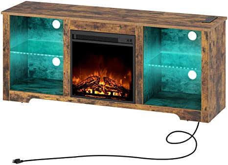 Rolanstar Fireplace TV Stand 57.9" with Led Lights and Power Outlets, TV Console for TVs up to 65", Entertainment Center with Adjustable Glass Shelves, Rustic Brown