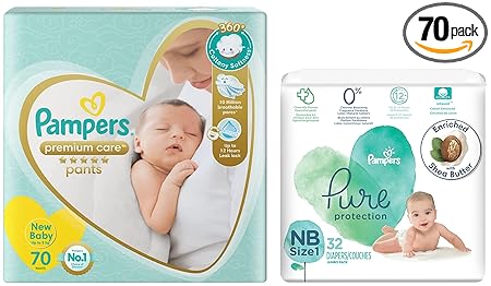 Pampers Pure Protection Baby Diapers, Newborn, Extra Small Size Taped Diapers (NB, XS), 32 Count & Pampers Premium Care Pants, New Born, Extra Small size baby diapers (NB,XS), 70 count