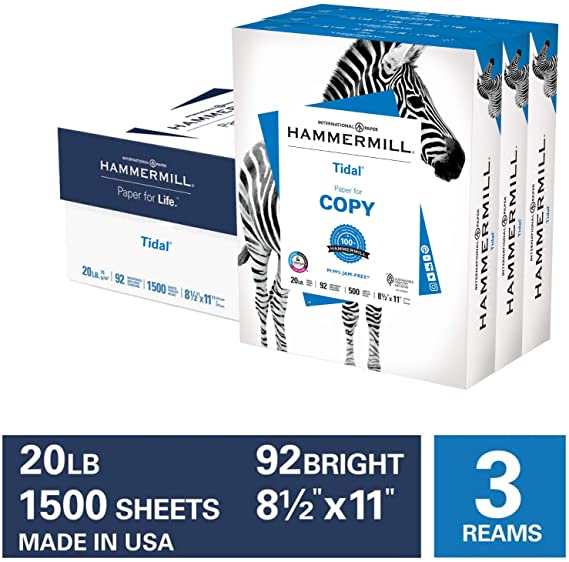 Hammermill Tidal 20lb Copy Paper, 8.5 x 11, 3 Ream Case, 1500 Sheets, Made in USA, Sustainably Sourced From American Family Tree Farms, 92 Bright, Acid Free, Multipurpose Printer Paper, 162180C, White