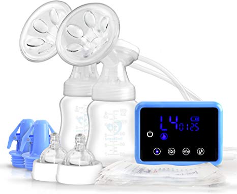 Electric Breast Pump,Dual Suction Breastfeeding Pump LED Touch Screen with 4 Modes 9 Levels, BPA Free, Memory Function, Rechargeable Breast Milk Pump with 10Pcs Breastmilk Bags