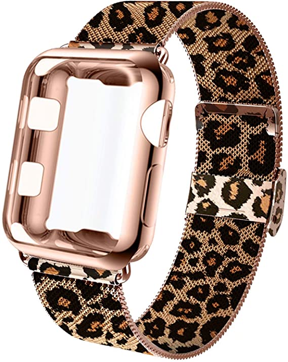 GBPOOT Compatible for Apple Watch Band 38mm 40mm 42mm 44mm with Screen Protector Case, Sports Wristband Strap Replacement Band with Protective Case for Iwatch Series 6/SE/5/4/3/2/1,42mm,Leopard