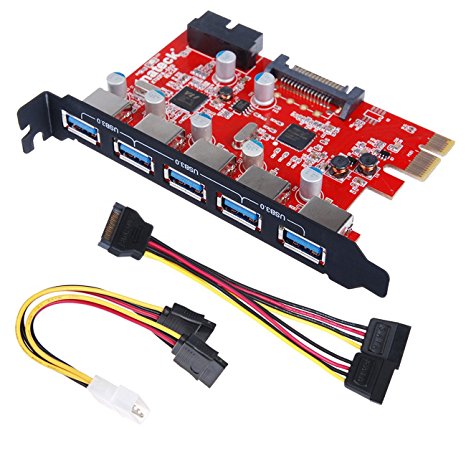 Inateck PCI-E to USB 3.0 5-Port PCI Express Card and 15-Pin Power Connector, Mini PCI-E USB 3.0 Hub Controller Adapter, with Internal USB 3.0 20-PIN Connector - Expand Another Two USB 3.0 Ports - [ Include with A 4pin to 2x15pin Cable   A 15pin to 2x 15pin SATA Y-Cable ]