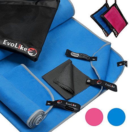 EvoLike Microfiber Towel Set – Large Oversized Towel   Towel for Face Hair or Hands   Cleaning Cloth   Travel Bag | for Beach Gym Bath Sports Yoga Travel | Ultra-Absorbent | Antibacterial
