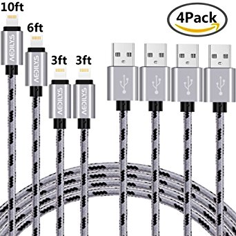 AEDILYS iPhone Charger, 4Pack [3FT 3FT 6FT 10FT] Nylon Braided Lightning to USB Cable Fast Sync Charging Cord for iPhone 7/7 Plus/6s/6s Plus/6/6 Plus/5/5S/5C/SE/iPad and iPod (Gray,4Pack)