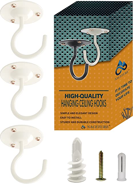 Ceiling Hooks for Hanging Plants - Plant Hanger Indoor Hanging Hooks Metal Plant Bracket Iron Lanterns Hangers for Bird Feeder, Wind Chimes, Planters - Pack of 3 (White 3 Pack ( No Chain))