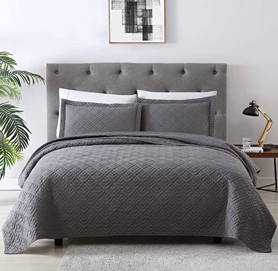 EXQ Home Quilt Set King Size Grey 3 Piece,Lightweight Microfiber Coverlet Modern Style Squares Pattern Bedspread Set