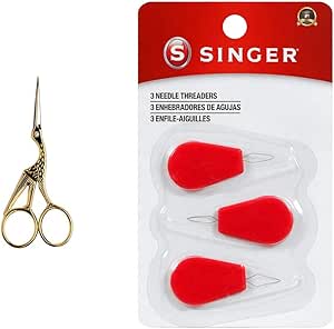 SINGER 4.5" Forged Embroidery Gold Plated Stork Design Scissors   Singer 00056 3-Count Needle Threaders