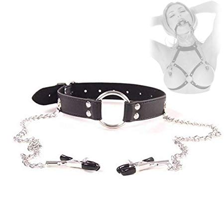 Black Leather Choker Collar with Open Mouth Ring Nip PLE Clamps