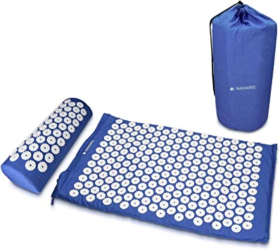 Navaris 2in1 Akupressur Massage Set - 1x Akupressurmatte 1x Kissen mit Tasche - Akupressur Matte und Kopfkissen - Blau