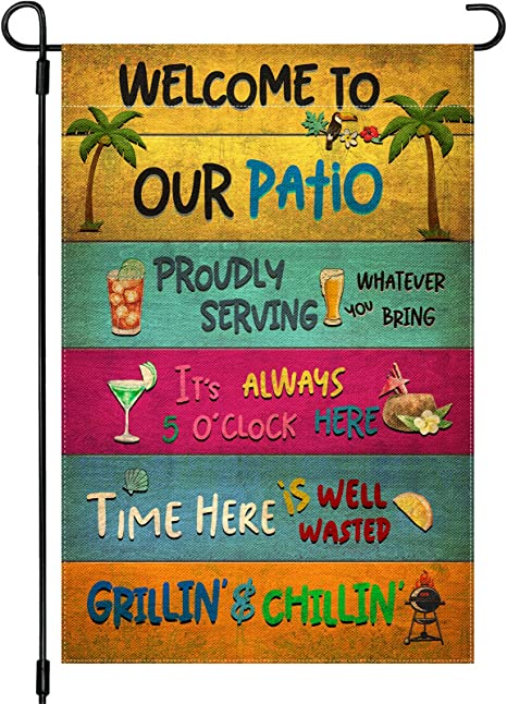 Snycler Welcome To Our Patio Garden Flag, 12.5x18" Party Decorations, Summer Decor, Outdoor Beach Bar Pub Porch Patio Deck Backyard Poolside Decor Outside