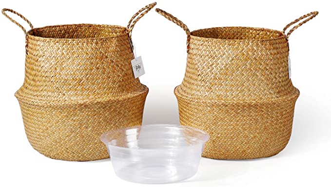 POTEY 720303 Seagrass Plant Basket - Hand Woven Belly Basket with Handles, Extra Large Storage Laundry, Picnic, Plant Pot Cover, Home Decor and Woven Straw Beach Bag (Set of 2 Extra Large, Original)