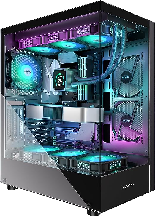 MUSETEX PC CASE E-ATX Pre-Install 4 PWM ARGB Fans & 2 Side Fans, Type-C Mid Tower Computer Case with Full View Dual Tempered Glass, Gaming PC Case,Black(K2)