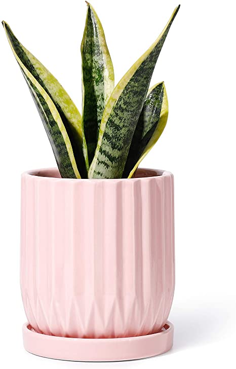 POTEY 050104 Ceramic Planter Pot - 4.9 inch Shiny Pink Modern Lines Cylinder Planters with Drainage Hole & Attached Saucer for Indoor Plants Flower Succulent(1, Shiny Pink)