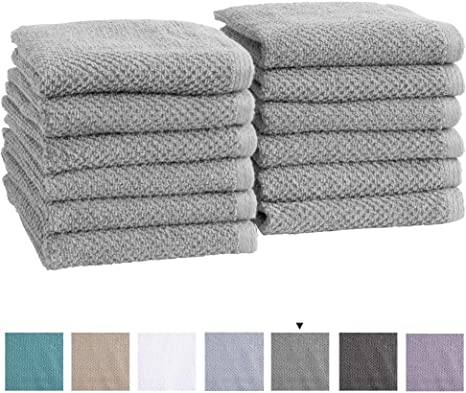 12-Pack 100% Cotton, Quick-Dry Textured Washcloths. Ultra-Absorbant, Popcorn Weave. Acacia Collection. (Wash 12pk, Light Grey)