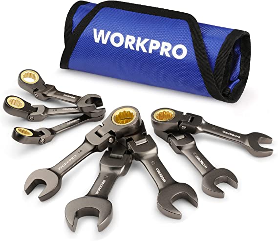 WORKPRO 8-Piece Flex-Head Stubby Ratcheting Combination Wrench Set, Metric 9-17 mm, 72-Teeth, CRV, Nickel Plating with Rolling Pouch