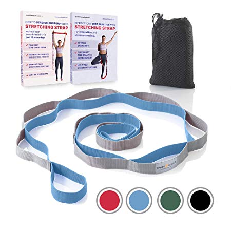 Sport2People Stretching Strap Yoga Rehabilitation – 2 Free Ebooks Included - Rehab Stretch Band 12 Loops to Improve Your Flexibility - Recommended Physical Therapy Equipment