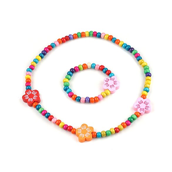 Shuning 1-5Pairs Kid Girl Wooden Stretch Color Bead Necklace Bracelet Set Costume Play Toddler Children