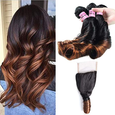 Ali Funmi 3 Bundles Brazilian Ombre Spring Curl Hair with Closure (12 14 16  12inch) Unprocessed Virgin Spring Curly Hair Extensions with 1 Piece 4x4 Free Part Lace Closure T1B/T4 Color
