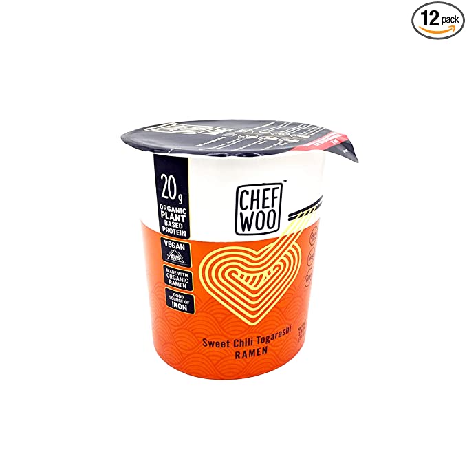 CHEF WOO Sweet Chili Togarashi Flavor Ramen Cup Noodles, 2.5 Oz Each (Pack Of 12) by Chef Woo | High-Protein Vegan Snacks and Meals | Halal | Kosher Protein | Egg-Free and Dairy-Free