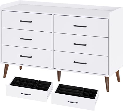 Rolanstar Drawer Dresser-Tool Free Quick Install, 6 Drawers Storage Dresser with Foldable Drawer Dividers, Mid Century Chest of Drawer, White（Tool Free Except Drawer Handle and Foot）