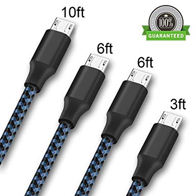 Micro USB Cable, DECVO 4Pack 3FT/6FT/6FT/10FT Long Premium Nylon Braided Android Charger USB to Micro USB Charging Cable Samsung Charger Cord for Samsung Galaxy S7 Edge/S7/S6/S4/S3,Note 5/4/3 (Blue)
